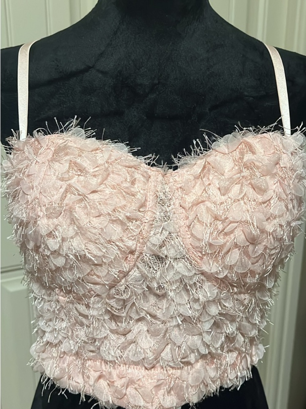 Delicate Pink Textured Crop Bustier Top with Spaghetti Straps